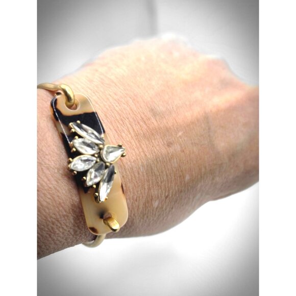 J.Crew Tortoise Shell Acrylic Bracelet Rhinestone Cluster Gold Tone Modern - Picture 4 of 5